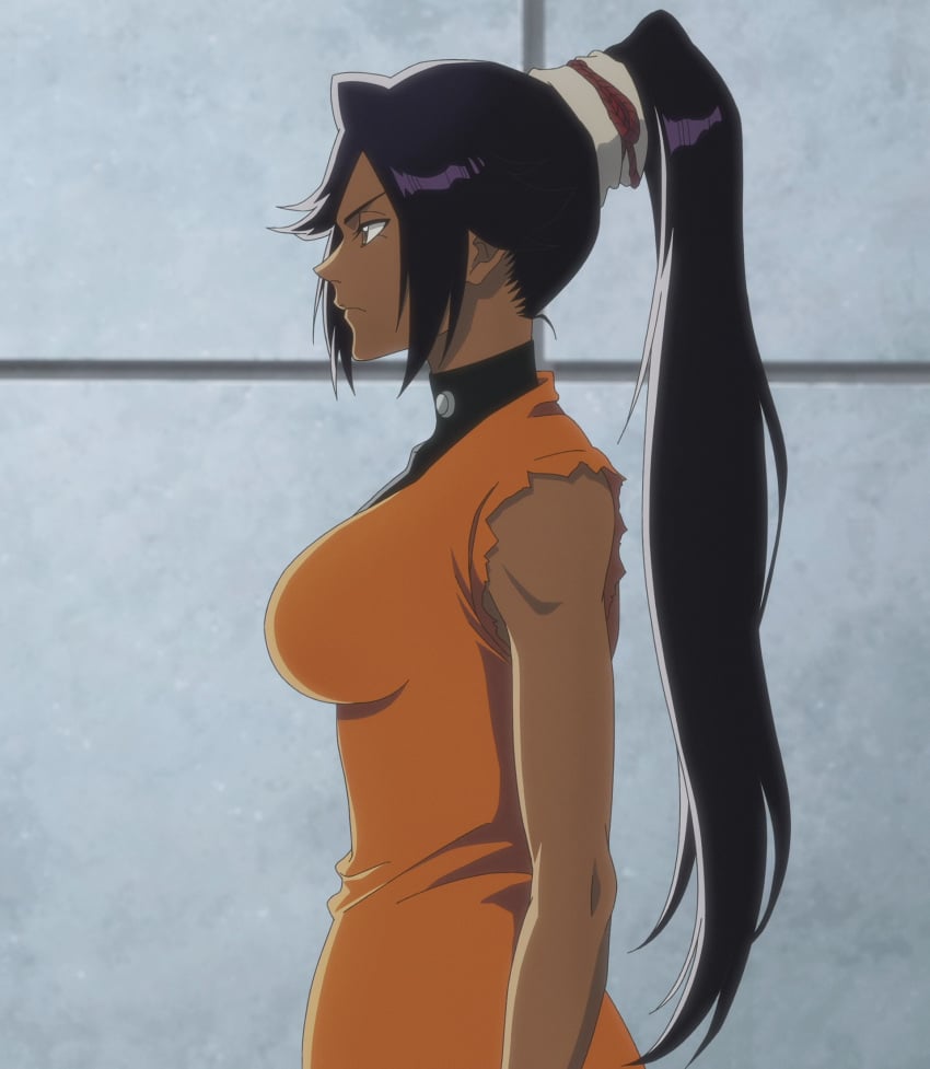 2024 anime anime_screencap anime_screenshot bare_arms bleach bleach:_the_thousand-year_blood_war blurry breasts closed_mouth clothes dark-skinned_female dark_skin female female_focus from_side frown hair_ornament highres large_breasts long_hair looking_ahead looking_at_another official_art parted_bangs ponytail purple_hair screencap screenshot shihouin_yoruichi shiny_clothes shiny_skin sideboob sleeveless solo solo_focus standing studio_pierrot toned torn_clothes torn_sleeves upper_body very_high_resolution yellow_eyes