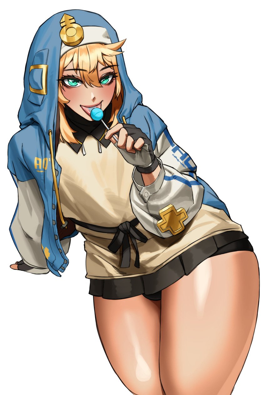 1boy absurd_res blonde_hair blush bridget crossdressing femboy fingerless_gloves green_eyes guilty_gear guilty_gear_strive lollipop looking_at_viewer male male_only otoko_no_ko smiling smiling_at_viewer solo sotcho thick_thighs trap white_background