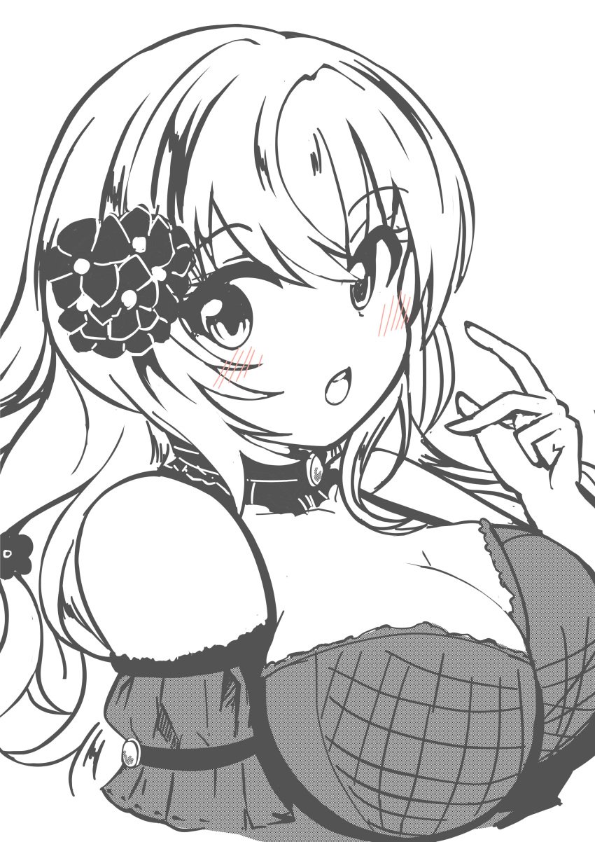 absurdres altea_aquila_(jain_no_ikenie) bare_shoulders black_dress blush breasts dress female flower hair_flower hair_ornament highres huge_breasts jain_no_ikenie long_hair monochrome open_mouth partially_colored simple_background sinocya_nanami solo teeth upper_teeth_only white_background