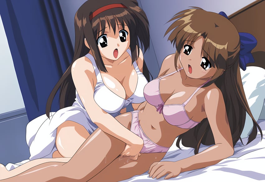 1990s_(style) 2girls ai_generated bed bedroom breasts cleavage fingering moaning mullon novelai open_mouth original pussy_juice retro_artstyle underwear yuri