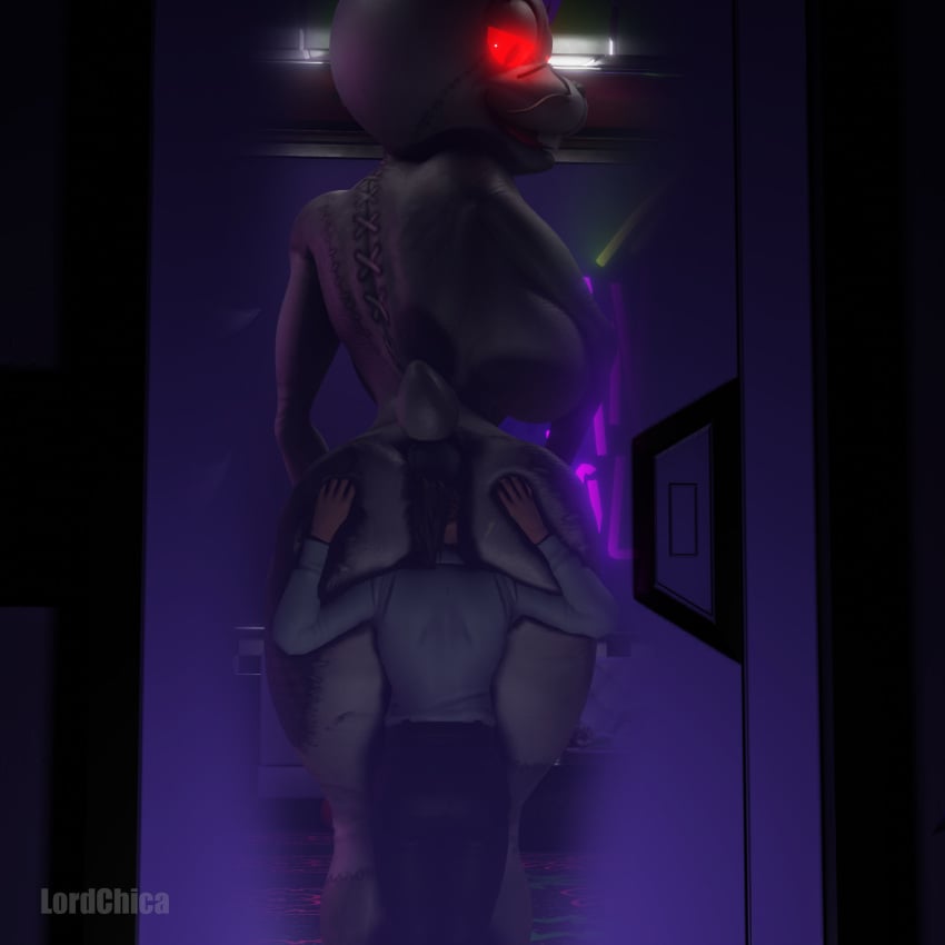 1:1 3d_(artwork) anthro ass digital_media_(artwork) duo face_on_butt female female/female five_nights_at_freddy's glowing glowing_eyes hi_res human inside lagomorph leporid lordchica_(artist) mammal pressed_against pressed_against_butt pressing_against pressing_against_glass rabbit red_eyes scottgames security security_guard security_uniform size_difference vanessa_(fnaf) vanny_(fnaf)