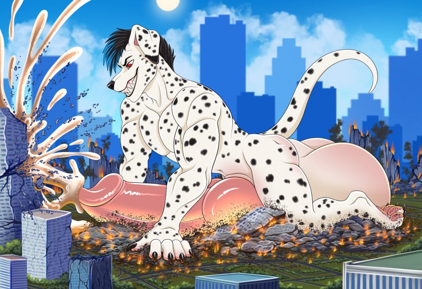 animal_genitalia animal_penis anthro balls big_balls big_penis black_spots blue_hair building building_destruction canid canine canine_genitalia canine_penis canis city city_destruction crushing_object dalmatian dante_(gertgrg) destroyed_building destruction domestic_dog ejaculation fire fur furrypur genitals grin hair hi_res huge_balls huge_cock hyper hyper_balls hyper_genitalia hyper_penis knot knotted_penis macro male mammal markings penis red_eyes smile solo spots spotted_body spotted_fur tail teeth_showing white_body white_fur