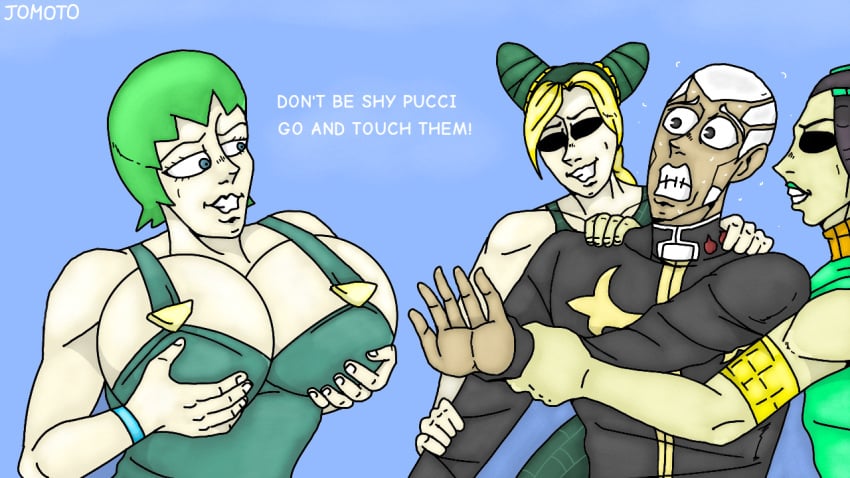 1boy 3girls big_breasts dark_skin enrico_pucci ermes_costello foo_fighters fully_clothed jojo&#039;s_bizarre_adventure jolyne_kujo smile stone_ocean sweat text touching_breast