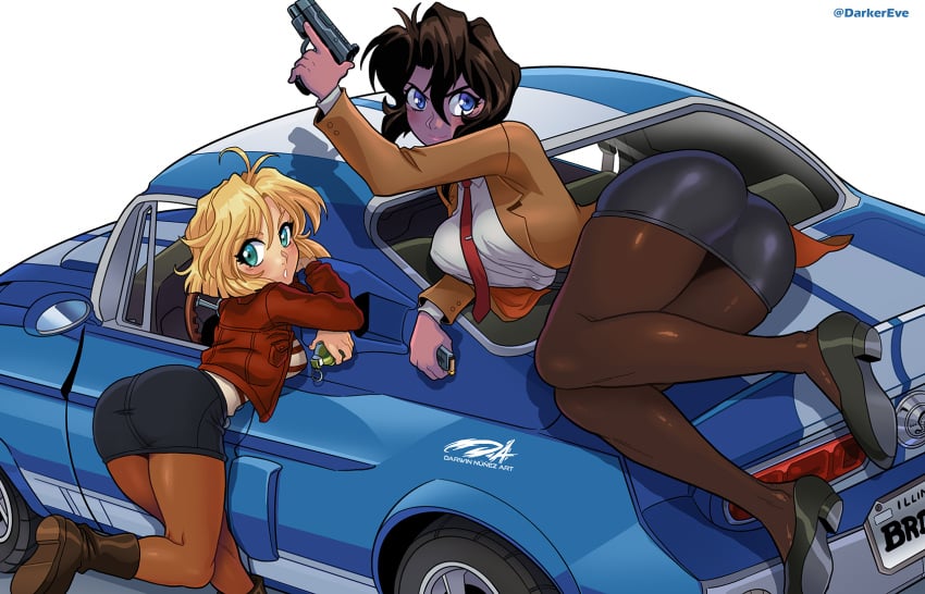 2girls ass blonde_hair blue_eyes brown_hair car darkereve female female_only green_eyes gunsmith_cats handgun heels hi_res light_blush looking_at_viewer minnie_may_hopkins motor_vehicle pantyhose rally_vincent smiling smiling_at_viewer steering_wheel thick_thighs white_background