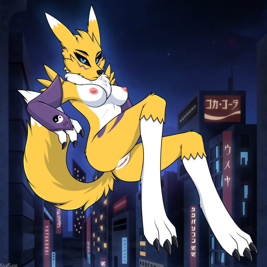 1:1 anthro anus armwear ass bandai_namco black_sclera blue_eyes breasts building chest_tuft city claws clothing dark digimon digimon_(species) dipstick_tail female finger_claws fingers fur genitals glowing hi_res kazrune looking_at_viewer markings midair night nipples nude outside paws pussy renamon sign sky solo star tail tail_markings text tuft white_body white_fur yellow_body yellow_fur yin_yang