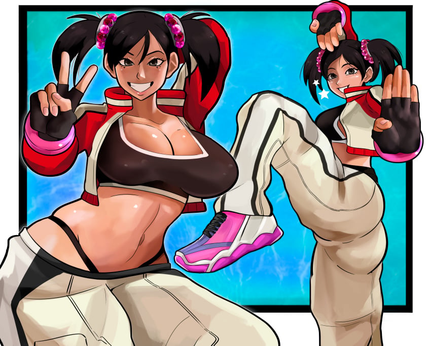 alternate_breast_size big_breasts female female_only ling_xiaoyu midriff navel peace_sign pepperoni_ravioli smile sweatpants tekken tekken_4 thong v