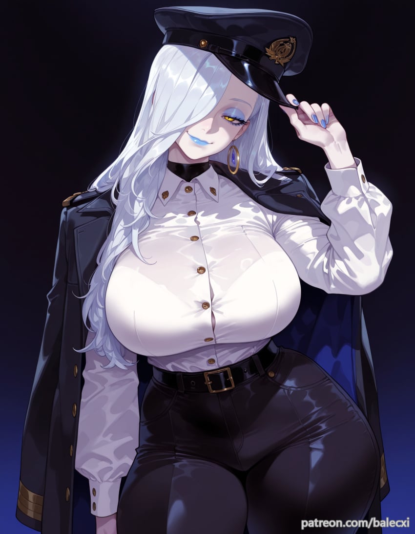 ai_generated balecxi belt black_pants blue_nails fate/grand_order fate_(series) female hair_over_one_eye hat hoop_earrings jacket jewelry large_breasts long_hair looking_at_viewer military_uniform omi-san_(fate) peaked_cap smile solo thick_thighs white_hair white_shirt yellow_eyes