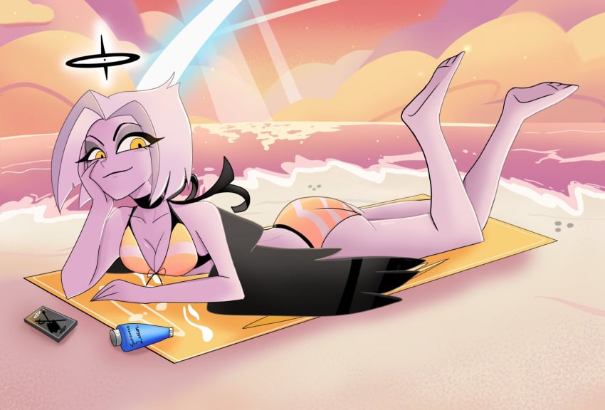 angel angel_girl angel_wings beach bikini hazbin_hotel lute_(hazbin_hotel) lying_on_stomach tagme