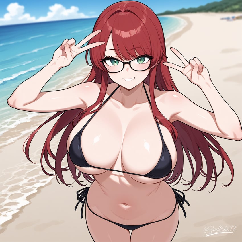 ai_generated ass beach big_ass bikini breasts female girlfriend glasses public smile zadbhell