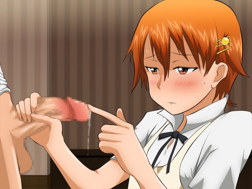 blush censored female handjob human inami_mahiru male orange_hair short_hair straight sweat working!!