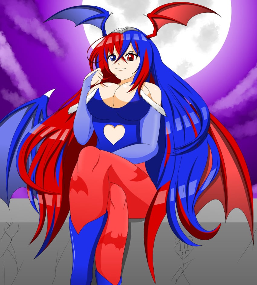 alear_(female)_(fire_emblem) alear_(fire_emblem) bat_wings big_sister blue_eyes blue_hair boots breasts capcom cleavage cosplay crossed_legs darkstalkers dual_colored_hair female fire_emblem fire_emblem_engage fire_emblem_heroes heterochromia incestuous_temptation large_breasts leotard long_hair looking_at_viewer moon morrigan_aensland morrigan_aensland_(cosplay) night nintendo onee-chan pantyhose red_eyes red_hair sitting smile solo succubus taylor_hall taylorswitch64 tiara vampire_(game) wings