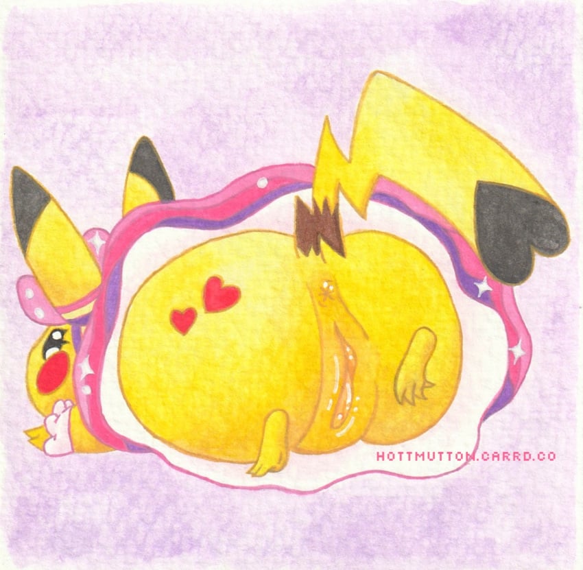 ass beady_eyes bodily_fluids butt_tattoo chibi clothing cosplay_pikachu cosplay_pikachu_(costume) dress feet female feral generation_1_pokemon genital_fluids genitals gouache_(artwork) heart_symbol hottmutton lying mammal mouse murid murine nintendo on_front painting_(artwork) pikachu pikachu_pop_star pokemon pokemon_(species) presenting pussy ribbons rodent small_feet solo sparkles tattoo traditional_media_(artwork) vaginal_fluids yellow_body