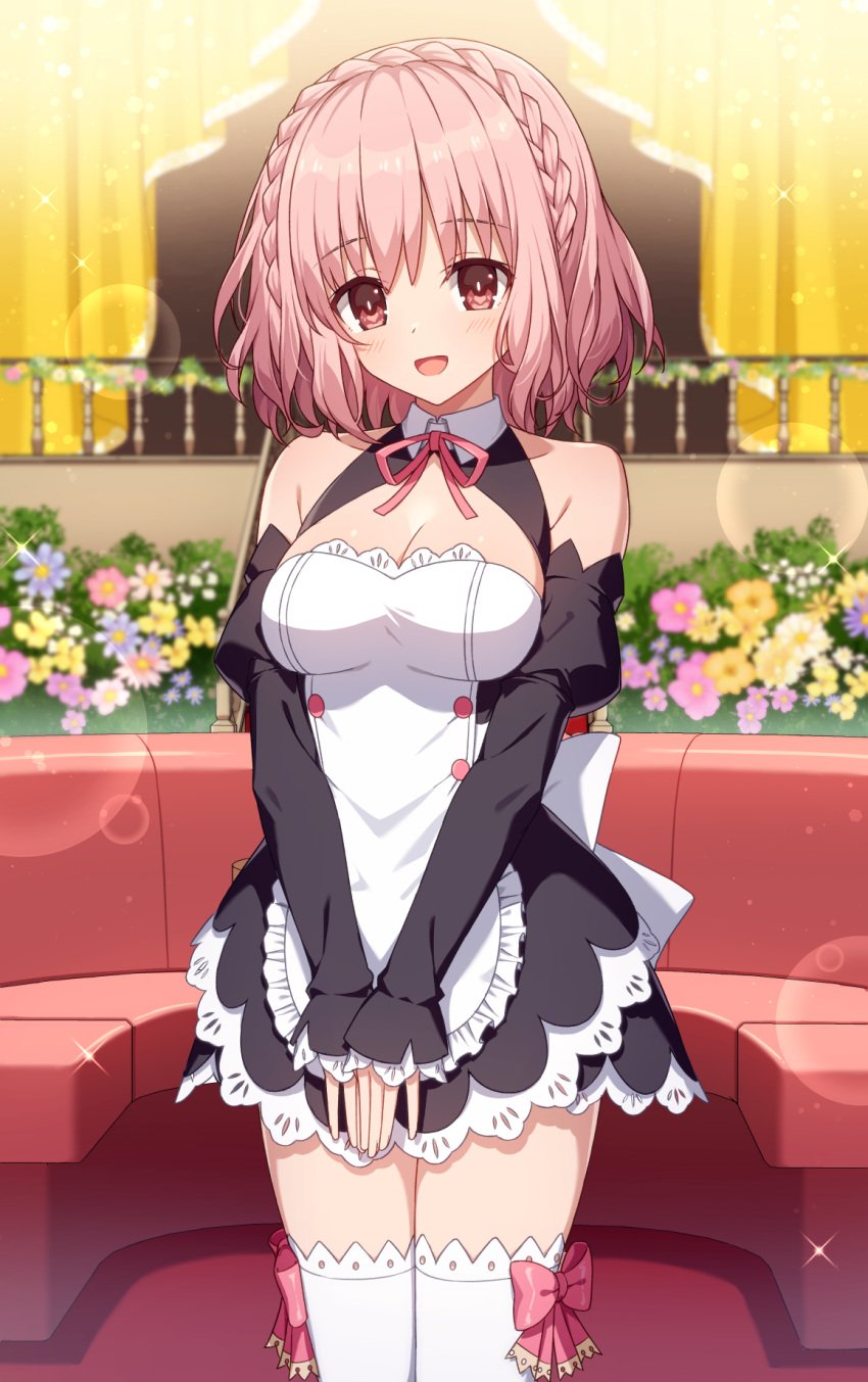 1girls 2d 2d_(artwork) breasts clothed couch date_a_live flower light-skinned_female looking_at_viewer maid maid_uniform pink_eyes pink_hair short_hair solo solo_female sonogami_rinne thighs