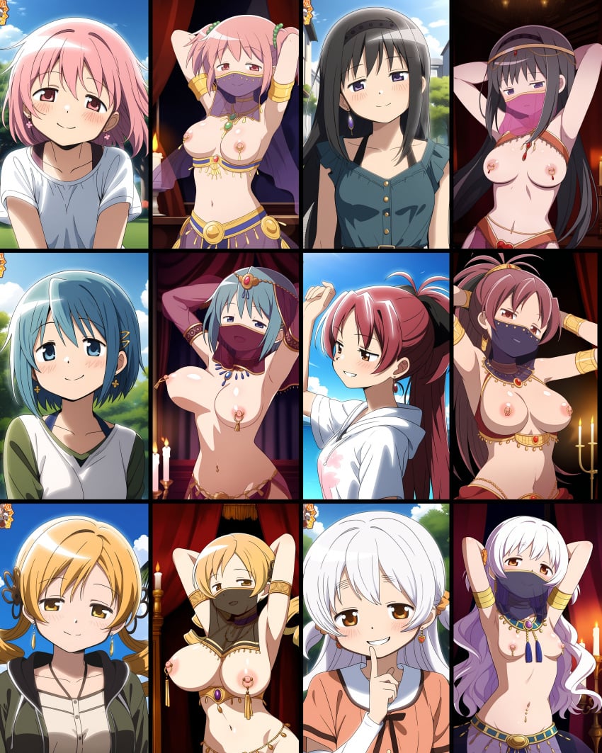 6+girls 6girls absurd_res absurdres ai_generated akemi_homura arabian arabian_clothes blonde_hair blue_eyes blue_hair breasts brown_eyes collage drill_hair erect_nipples flower flower_in_hair gray_hair highres human human_only light-skinned_female light_skin looking_at_viewer madoka_kaname magia_record:_mahou_shoujo_madoka_magica_gaiden magical_girl mahou_shoujo_madoka_magica mami_tomoe miki_sayaka momoe_nagisa nina_amaneko nipples orange_eyes pierced_nipples piercing piercings pink_eyes pink_hair ponytail portrait portraits presenting presenting_breasts puella_magi_madoka_magica purple_eyes red_eyes red_hair sakura_kyouko smile smiling smiling_at_viewer solo solo_female solo_focus tomoe_mami twintails white_hair white_skin yellow_eyes