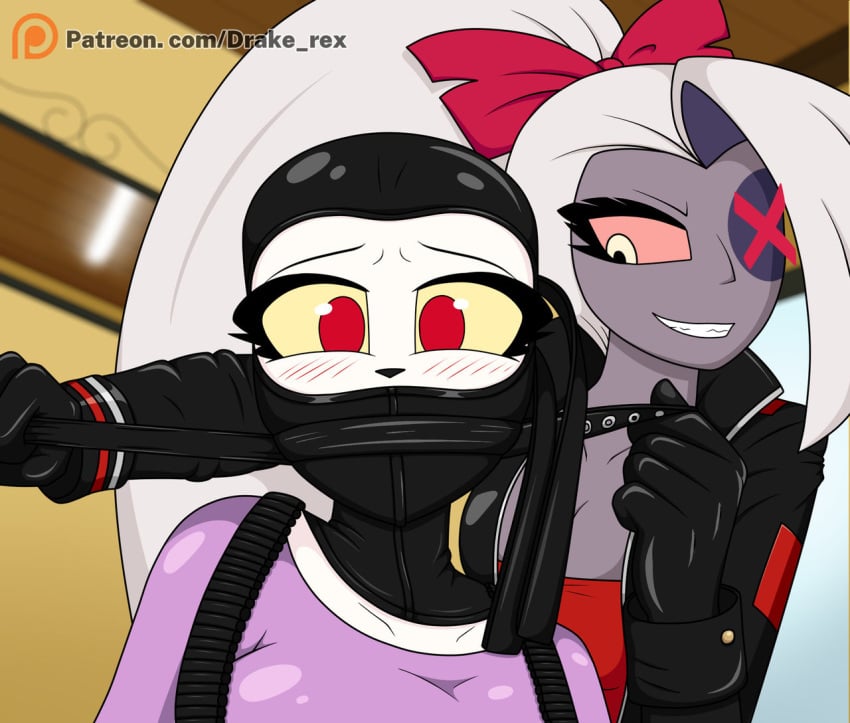 bondage bondage_hood bondage_outfit canon_couple charlie_morningstar_(hazbin_hotel) drake-rex eye_patch hazbin_hotel red_eyes smug_smile tagme vaggie_(hazbin_hotel)