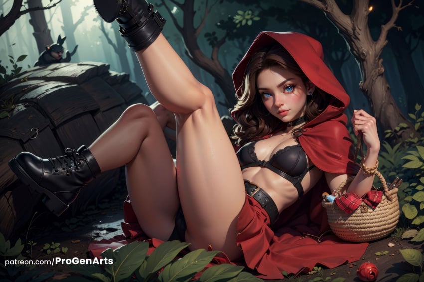 1girls ai_generated animal apple basket belt black_bra black_footwear black_panties blue_eyes boots bottle bra bracelet breasts brown_hair choker cleavage cloak earrings food forest freckles fruit hi_res hood hood_up hooded_cloak jewelry leg_up lips little_red_riding_hood_(grimm) long_hair looking_at_viewer medium_breasts mole mole_on_breast nature on_back outdoors panties patreon_username progenarts red_capelet red_hood red_skirt skirt solo tree underwear