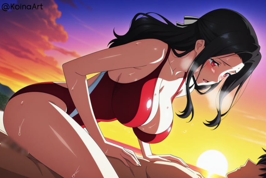 ai_generated black_hair bouncing_breasts breasts cowgirl_position female from_side koinaart mahouka_koukou_no_rettousei penis pussy red_eyes red_swimsuit saegusa_mayumi shiba_tatsuya stable_diffusion straddling swimsuit