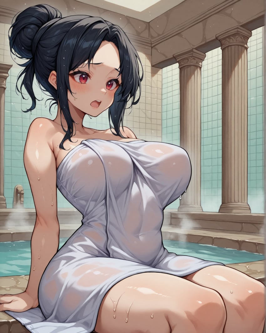 1girls ai_generated bare_shoulders bathhouse bathroom black_hair blush breasts covered_navel female hair_bun large_breasts notreallyhere open_mouth parted_bangs perky_breasts pillar red_eyes roman_bath sidelocks sitting solo steam thighs tiles towel towel_only towel_wrap water wet wet_towel