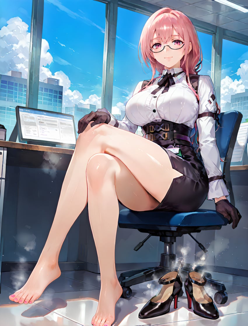 ai_generated anxiousdangero feet foot_fetish hollow_special_operations_section_6 office pink_hair shoes sitting smell soles steam tsukishiro_yanagi zenless_zone_zero