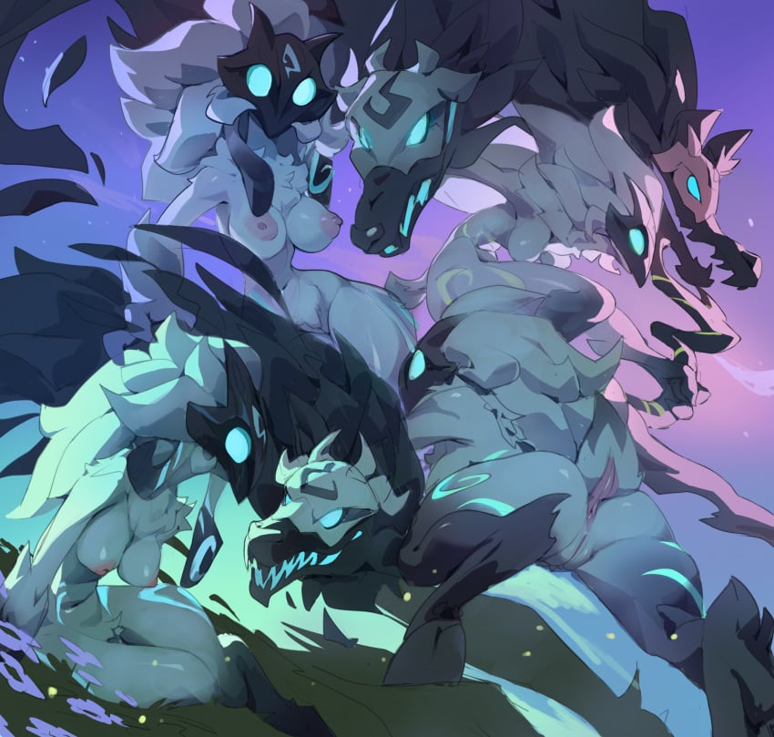 1boy 1girls furry_female furry_only kindred lamb_(league_of_legends) league_of_legends looking_at_viewer mask masked masked_female medium_breasts riot_games skyrilius white_fur wolf_(league_of_legends)