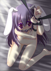 1girls amanagi_seiji animal_ears ball_gag bondage breasts bunny_ears female female_only fingernails from_above gag long_hair looking_at_viewer looking_up nipples no_visible_genitalia nude reisen_udongein_inaba sitting small_breasts solo straight_hair team_shanghai_alice touhou wariza wiffle_ball_gag