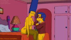 aged_up blue_hair condom condom_wrapper condoms drunk glasses marge_simpson milf milhouse_van_houten mother mother_and_son's_friend naked naked_female nude nude_female nude_female_clothed_male sleepy the_simpsons vylfgor