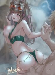 1boy abs alternate_costume artist_name bikini breasts brown_hair censored cygames doktor_k eyewear_on_head female flower granblue_fantasy green_bikini hair_flower hair_ornament holding_hands interlocked_fingers large_breasts long_hair metera_(granblue_fantasy) mosaic_censoring nipples outdoors purple_eyes sex sex_from_behind short_hair solo_focus straight swimsuit twintails