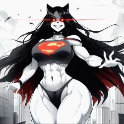 abs ai_generated anthro black_hair cloud clouds cosplay glowing glowing_eyes huge_thighs long_hair luni_the_wolf messy_hair muscular_female navel outside panties red_eyes shirt sky smile superheroine underwear wavy_hair white_body white_fur white_sky