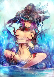 1girls breasts character_request consensual_tentacles female green_eyes hat horns kara_(color) large_breasts leg_garter monster navel nipples nude original partially_submerged pink_hair purple_hair solo spread_legs straight_hair tentacle tentacle_on_female uncensored vaginal water wings