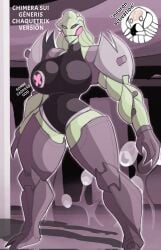 1boy 1girls alien armor ben_10 chaquetrix chimera_sui_generis english_text eyelashes green_skin huge_breasts leotard long_hair meme pink_eyes rompecaderasgod standing tentacle thick_thighs vilgax wide_hips zettai_ryouiki