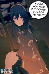 1girls 3d arm_behind_back arm_grab asking blue_eyes blue_hair breasts camp english_text fefreak726 female female_focus female_only fingerless_gloves fire_emblem fire_emblem_awakening gloves inviting lamp light long_hair looking_at_viewer lucina_(fire_emblem) nervous nervous_smile night nintendo outdoors pov shy shy_smile small_breasts solo solo_focus symbol-shaped_pupils tent text tiara