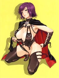 1girls armpits artbook blush bottomless breasts cape cat_o'_nine_tails character_request cleavage colored crotch_rub dominatrix erect_nipples eyeliner female female_only fingernails green_eyes happoubi_jin highres huge_breasts leather lips makeup masturbation nail_polish navel purple_hair purple_nails pussy pussy_juice scan short_hair simple_background smile solo squatting sweet_body thighhighs uncensored whip