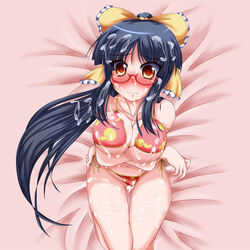 1girls bikini black_hair blush bow breast_lift breasts brown_eyes cum cum_on_body eyewear female female_only glasses hairbow human ikue_fuuji kaguya_houraisan large_breasts long_hair micro_bikini ponytail reimu_hakurei side-tie_bikini solo swimsuit team_shanghai_alice tied_hair touhou