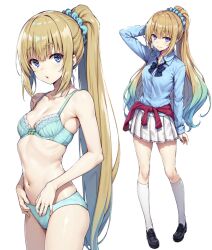 ai_generated belly_button blonde_hair blue_bow blue_bra blue_eyes blue_panties blue_shirt blue_underwear classroom_of_the_elite female_only hair_scrunchie jacket_around_waist karuizawa_kei long_hair ponytail posing_for_the_viewer school_uniform schoolgirl stomach white_background white_skirt white_thighhighs wsax