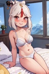 ai_generated bedroom_setting blush female genshin_impact gold_eyes lingerie ningguang_(genshin_impact) platinum_blonde_hair sitting sitting_on_bed solo toonysphere