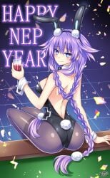 female female_only goddessleotard lewdkuma looking_at_viewer neptunia_(series) new_year playboy_bunny power_symbol power_symbol-shaped_pupils purple_heart_(neptunia) rabbit_ears rabbit_tail seductive_smile smile solo sweet twintails wholesome wine wine_glass