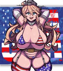 1girls american_flag american_flag_bikini armpits arms_behind_head arms_up belly belly_button belt bikini blonde_hair blue_eyes breasts cameltoe chubby fat_pussy female female_focus female_only garter_belt garter_straps huge_breasts independence_day iowa_(kantai_collection) kantai_collection open_mouth pale_skin ship skimpy smiling solo solo_female solo_focus th3k1d thick_thighs thigh_squish thighhighs thighs thunder_thighs