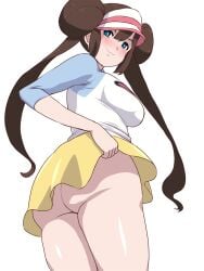 1girls ass blush breasts butt_crack from_below hair_buns holding_skirt looking_at_viewer no_panties pokemon pokemon_bw rosa_(pokemon) shirt skirt smile thighs twintails visor watakinu