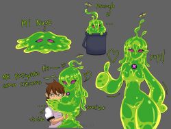 1girls alien ben_10 ben_tennyson between_breasts big_breasts chaquetrix eyelashes goop_(ben_10) green_skin hug large_breasts polymorph_(ben_10) slime slime_girl spanish_text thumbs_up zenky