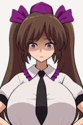 1girls 2d animated areolae big_breasts breasts brown_hair facing_viewer female flashing flashing_breasts glaring glaring_at_viewer hair_ribbon hatate_himekaidou humanoid looking_at_viewer loop looping_animation necktie nipples purple_eyes shadow_over_eyes shiguma_(signalmass) shirt shocked short_sleeves simple_background slave_handles solid_color_background solo source tengu tied_hair tokin_hat touhou twintails white_background