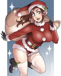 1girls blue_eyes christmas christmas_clothing christmas_outfit claire_redfield dangerousbride female female_focus female_only female_solo legwear resident_evil santa_bag santa_costume santa_hat shorts solo solo_female thick_thighs thighhighs thighs white_legwear white_thighhighs