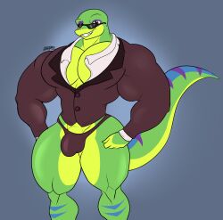 anthro bara barazoku biceps big_muscles big_pecs black_clothing black_eyes black_tie_(suit) black_underwear brown_thong bulge clothed clothing eyewear gecko gex_(series) gex_the_gecko glasses green_body grin hi_res lizard male male_only markings multicolored_body muscular muscular_anthro muscular_legs muscular_male narrowed_eyes pantsless pecs playstation quads ratchetjak reptile scales scalie smile smug solo sony_corporation sony_interactive_entertainment striped_markings striped_tail stripes suit sunglasses tail tail_markings thick_tail thick_thighs thong underwear yellow_body