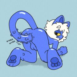 1:1 2023 anal anal_masturbation anal_sex anthro backsack balls blue_background blue_body digital_drawing_(artwork) digital_media_(artwork) domestic_cat felid feline felis genitals glistening glistening_body hair hi_res kneeling male mammal markings masturbation nubbed_body nubbed_tail nude onomatopoeia pawpads penetration pop_(popstick) popstick rear_view simple_background solo sound_effects tail tail_fetish tail_in_ass tail_masturbation tail_play text whisker_markings white_hair yellow_sclera