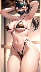 ai_generated animal_humanoid big_breasts bikini black_mask breasts brown_hair cheetah_bikini half-dressed half-naked hands_behind_head headband huge_breasts large_breasts mask pale_skin spotted_bikini standing yellow_bikini yellow_eyes