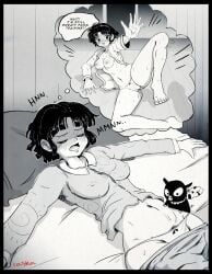 akane_tendo caska dreaming monochrome p-chan pajamas panties pants_around_thighs ranma_1/2 ryoga_hibiki short_hair sleeping