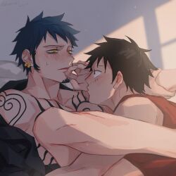 2boys bed black_hair black_shirt blush chest_tattoo couple demorzel earrings facial_hair gay goatee implied_sex indoors jewelry leg_grab legs_up looking_at_another lying male male/male male_focus male_only monkey_d_luffy multiple_boys one_piece pillow scar scar_on_cheek scar_on_face shirt short_hair shoulder_tattoo sweatdrop tattoo trafalgar_law yaoi