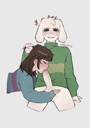 ambiguous_gender anthro asriel_dreemurr balls bite biting_lip biting_own_lip black_hair bodily_fluids bottomless bottomless_male bovid caprine closed_eyes clothed clothed_sex clothing erection fellatio female female_frisk foreskin frisk frisk_(undertale) fur genitals goat hair hand_on_leg hand_on_thigh heart hi_res human looking_at_viewer looking_pleasured male male/ambiguous mammal mizukisy mizukisy_ oral penile penis pulling_hair sex signature sweat sweater topwear touching_hair uncircumcised undertale undertale_(series) unretracted_foreskin white_body white_fur