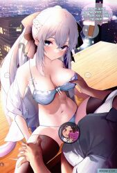 bare_shoulders black_bow blue_eyes blush bow bra braid breasts cleavage clothed_sex collarbone dawapat dress_shirt fate/grand_order fate_(series) female french_braid grey_hair hairbow large_breasts long_hair looking_at_viewer morgan_le_fay_(fate) navel nude office_lady panties ponytail sex shirt sidelocks solo spread_legs thighhighs thighs underwear very_long_hair