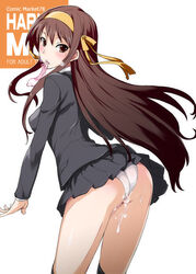 1girls alternate_costume alternate_hairstyle arched_back ass bangs black_legwear blazer blush booty brown_eyes brown_hair comiket condom condom_in_mouth cover cover_page cum cum_on_ass cum_on_body cum_on_lower_body doujinshi embarrassed female female_only footwear from_behind hair_between_eyes hair_ribbon hairband high_resolution human isao kneehighs leaning_forward long_hair looking_at_viewer looking_back miniskirt mouth_hold panties payot pleated_skirt pointless_condom profile ribbon school_uniform simple_background skirt socks solo standing straight_hair suzumiya_haruhi suzumiya_haruhi_(shoushitsu) suzumiya_haruhi_no_shoushitsu suzumiya_haruhi_no_yuuutsu thighs underwear used_condom very_long_hair white_background white_panties yellow_eyes