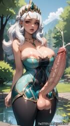 ai_generated crown cum cum_on_breasts cum_overflow cumming cumshot dickgirl ejaculation futa_only futanari huge_balls huge_breasts huge_cock league_of_legends nekodrippy pond precum qiyana_yunalai stable_diffusion tiara tight_clothing white_hair yellow_eyes